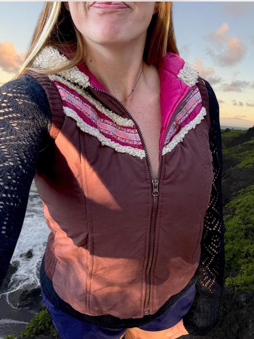 Free People Medium Women's Brown Sherpa-Lined sweater Vest with Pink Accents